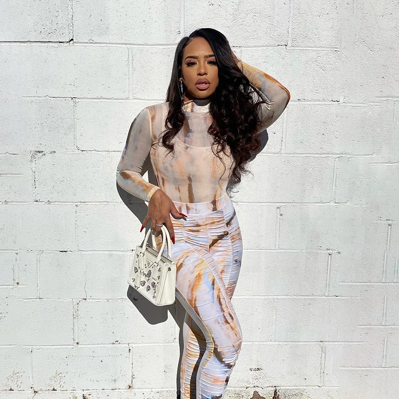 

Budhaul A20893S Fashion Pattern Print Long Sleeve Bodysuit Stacked Pant Two Piece Set Women 2020 Autumn
