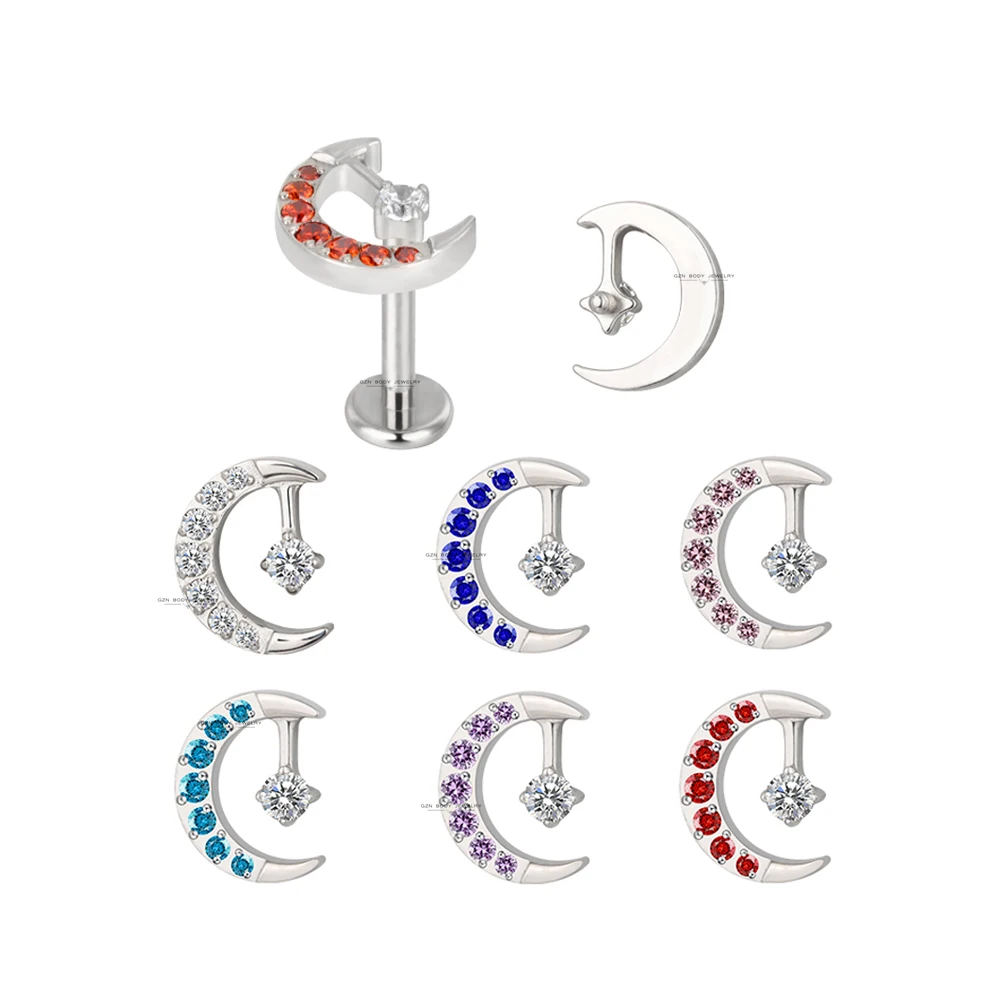 

High Polished Titanium CNC Set Moon With CZ Center Internally Threaded Top Nose Rings Jewelry Earring