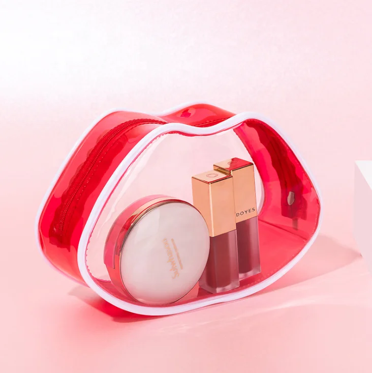 

Transparent Red Lip Shape Cosmetic Bag PVC Washbag Travel Portable Makeup Bag Waterproof Toiletry Bag Bolsa De Maquillaje