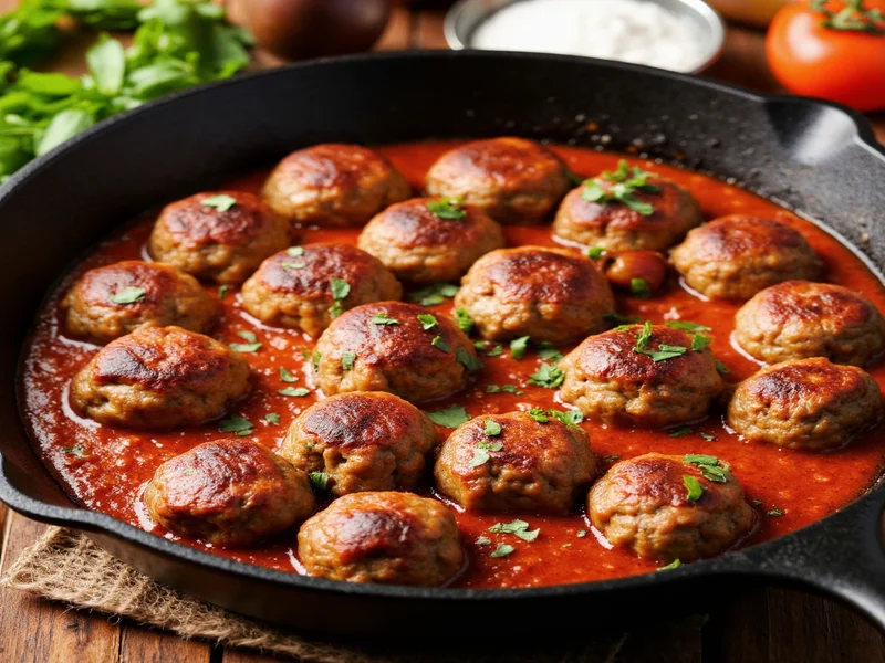Homemade meatballs in cast iron skillet with herbs