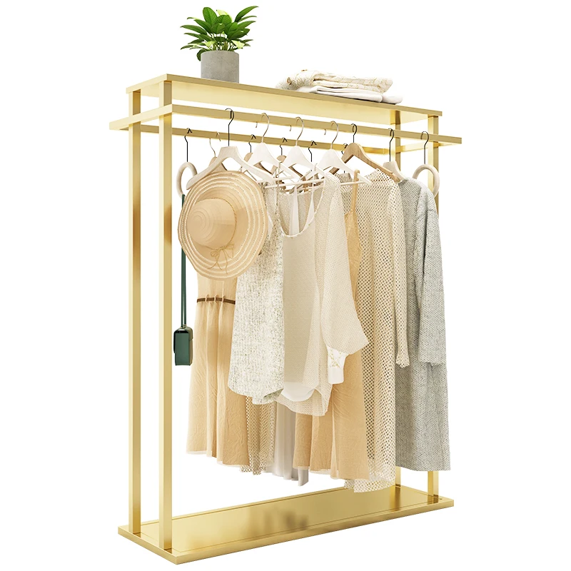 

heavy duty Iron Clothing Store Display Stand Floor Double Row Side Hanging Shelf Golden Clothes Shelf Garment Racks Factory