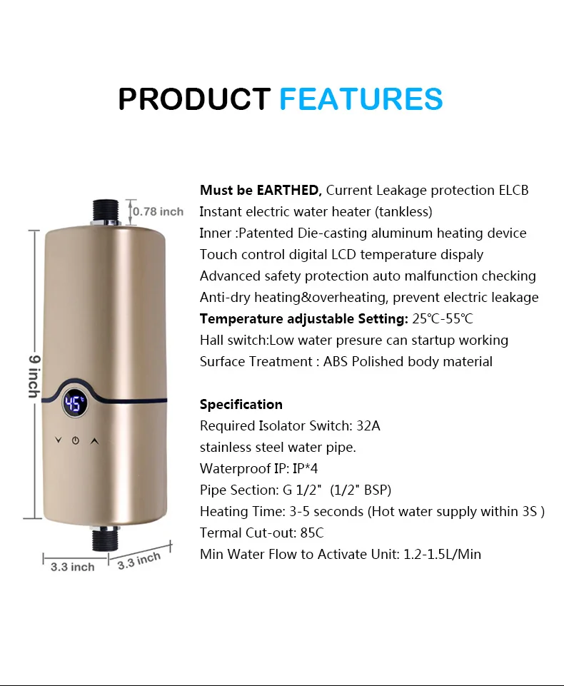 Portable High Speed Instant Electric Bathroom Shower Tankless Automatic