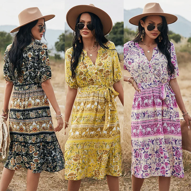 

High Quality Beach Embroidery Stylish Plus Size Boho Flower Maxi V-neck Women's Casual Dress With Wholesale Price, Customized color