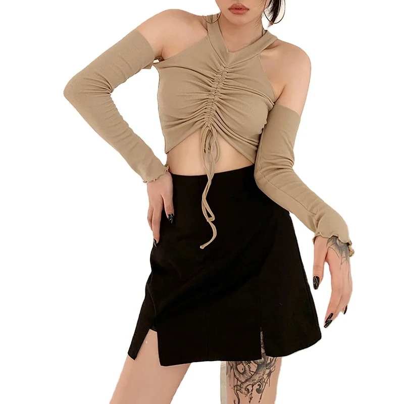 

2020 Autumn Best Selling Casual Shirts Women Long Sleeve Slim Drawstring Sexy Off Shoulder Crop Tops