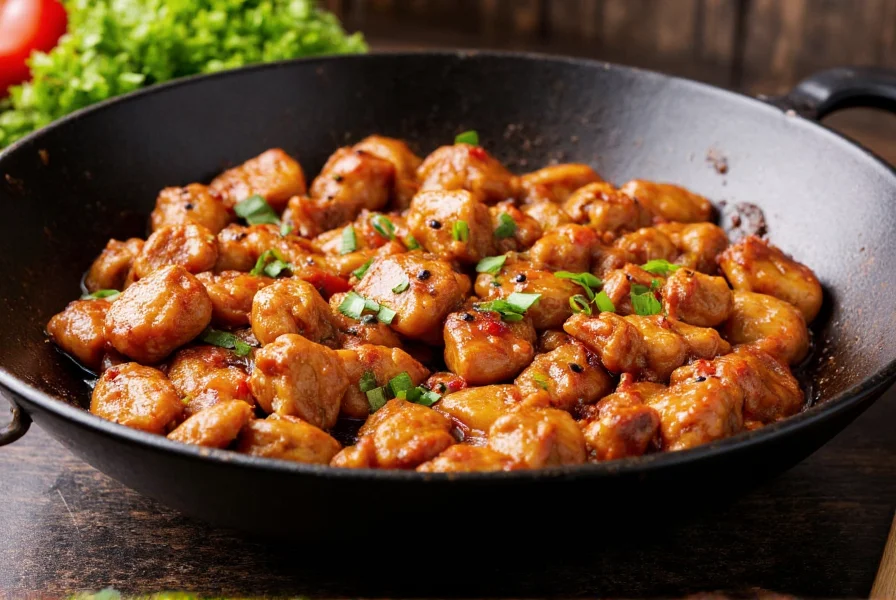 Authentic Chinese pepper chicken stir-fry in a traditional wok showing tender chicken pieces coated in black pepper sauce with visible Sichuan peppercorns
