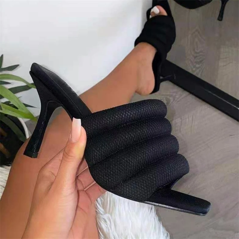 

New Design Pink Mesh Cozy Soft Summer Women Slippers Sexy Square Toe Slides Female High Heels Dress Shoes