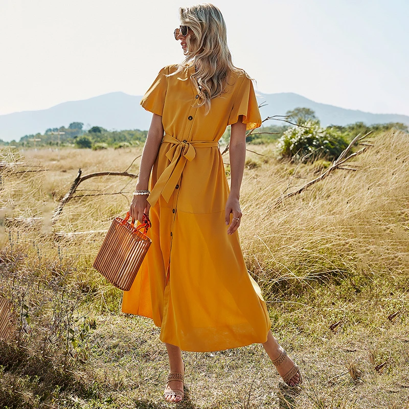 

2021 short sleeve ruched split dress solid yellow red color modest buttons wiastband summer shirt dresses women