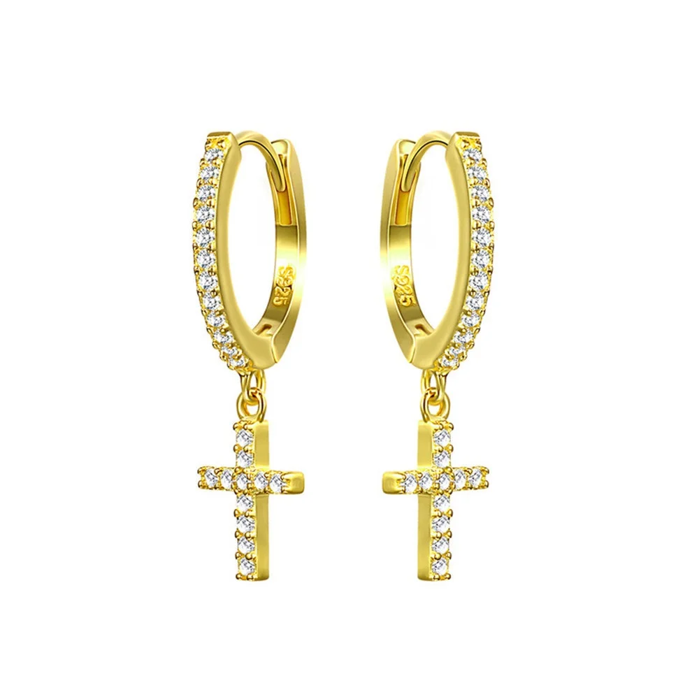 

925 Sterling Silver Cross Crystal Pave Huggie Earrings cross drop silver jewelry