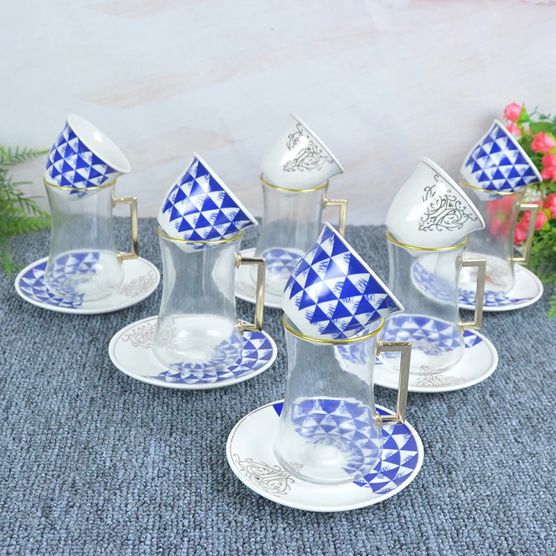 

200cc turkish clear small glass tea cups coffee sets and saucer with metal handle blue White ceramic cups