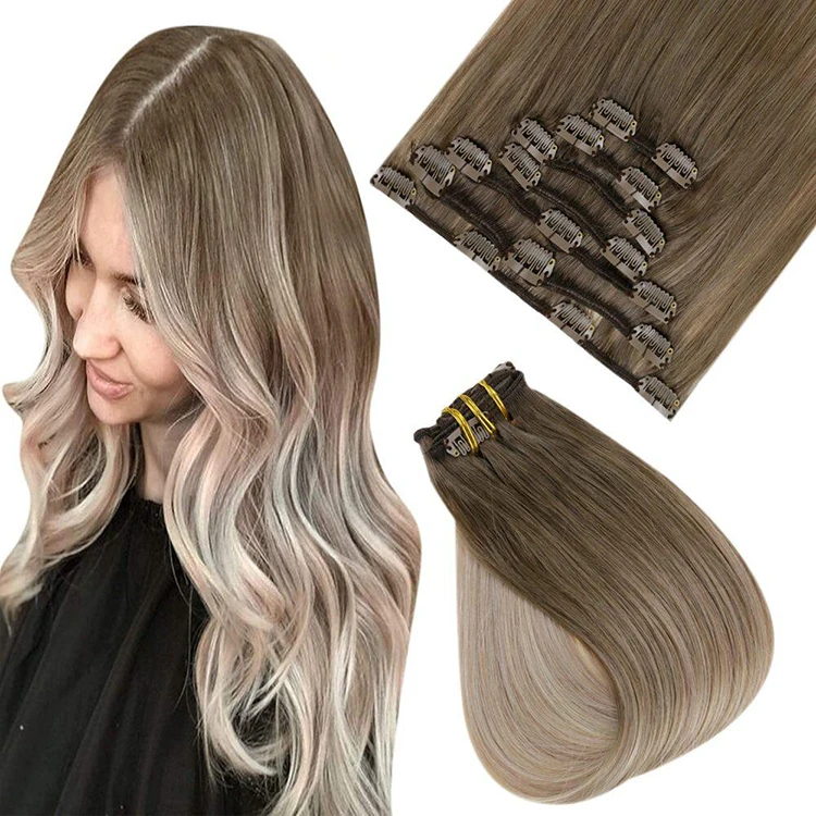 

Full Shine Wholesale Remy Clip in Hair Extensions 100% Human Hair Balayage #8/60/18 Blonde Clip in Extensions