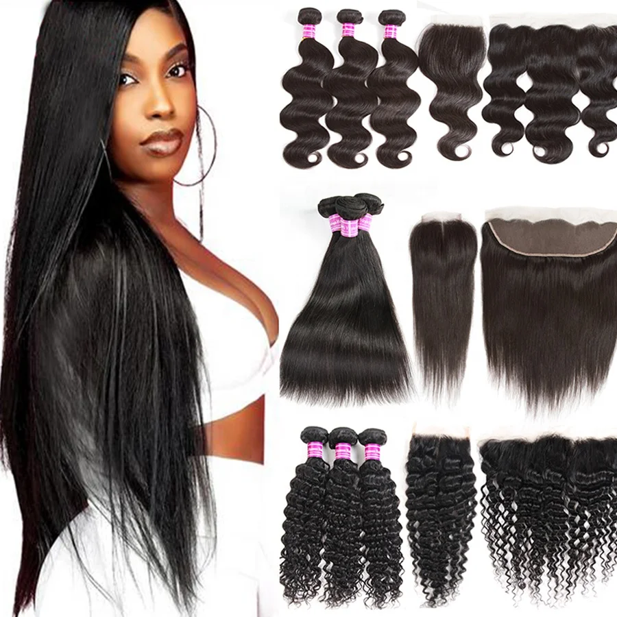 

Cheap Hair Bundles with Closure Brazilian Deep Water Body Wave Virgin Human Hair Weave Bundles with Lace Closure for Black Women, Natural black color hair bundles with closure