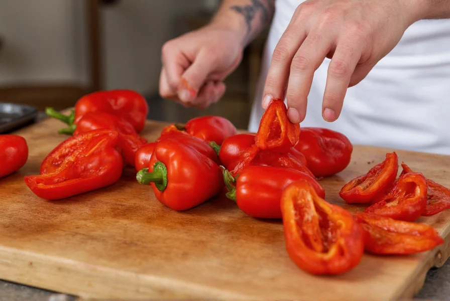 Chef's hands arranging roasted red peppers on wooden cutting board for recipe