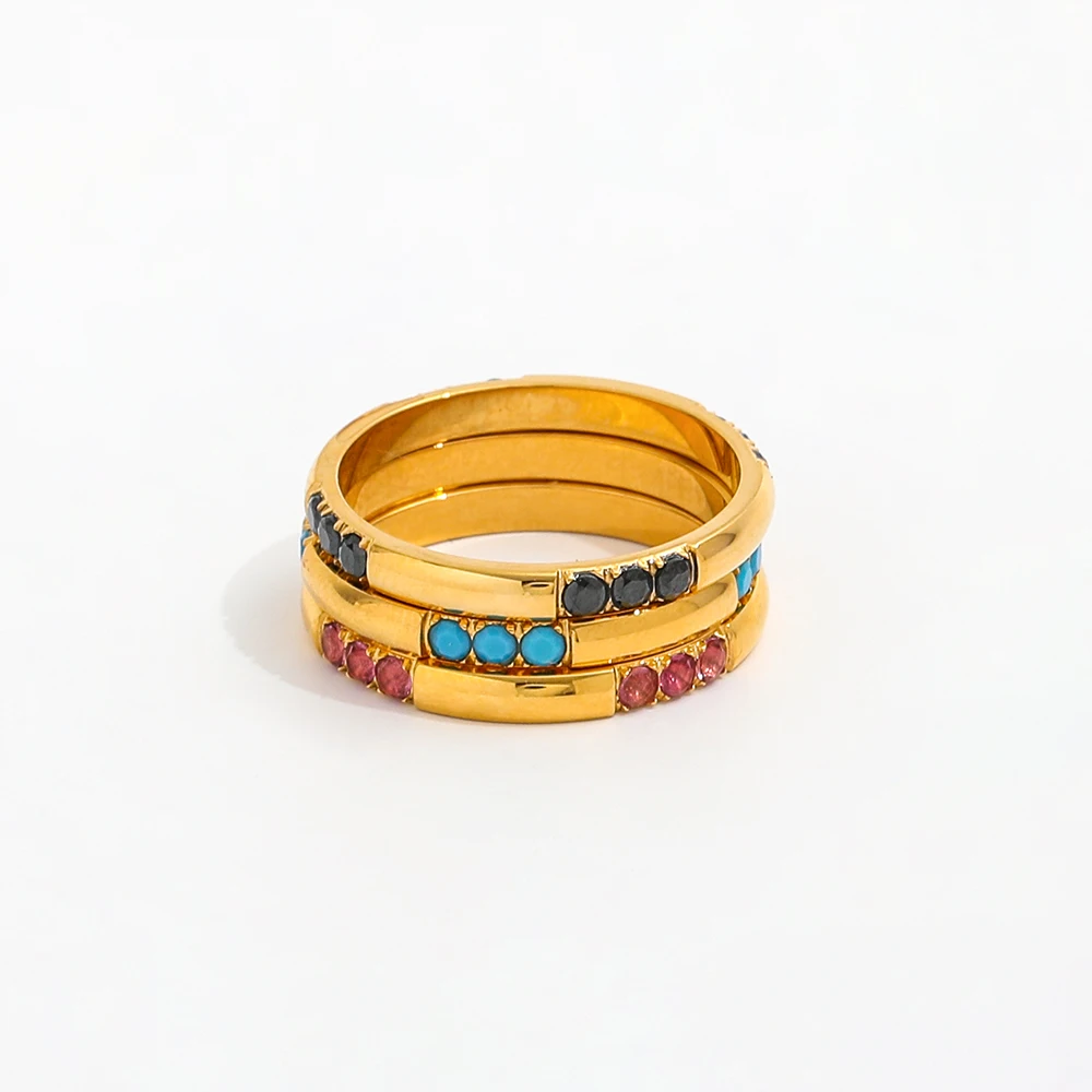 Joolim High-End 18K Gold Plated Stainless Steel Ring Black Red Turquoise 3 Zirconia Interval Surround Trendy Engagement Party