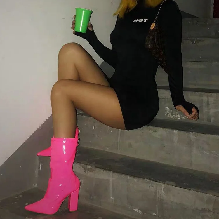 

Factory wholesale neon pink block heel mid-calf zipper boots for women