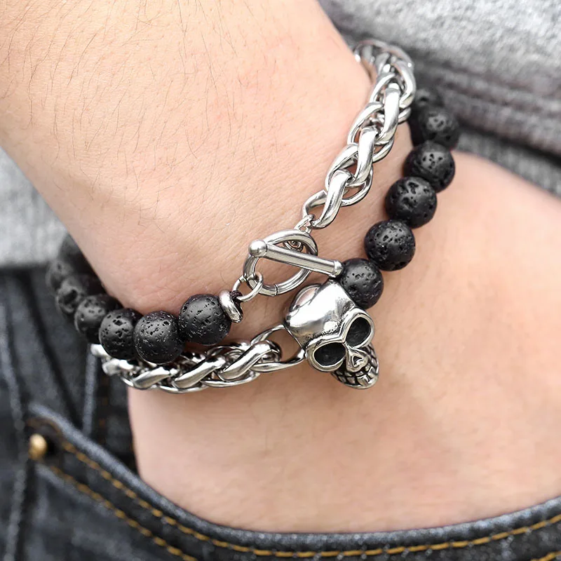

Lava Stone Bracelet Stainless Steel Double Layered Wheat Link Skull Charm Bracelets Jewelry For Men, Like picture