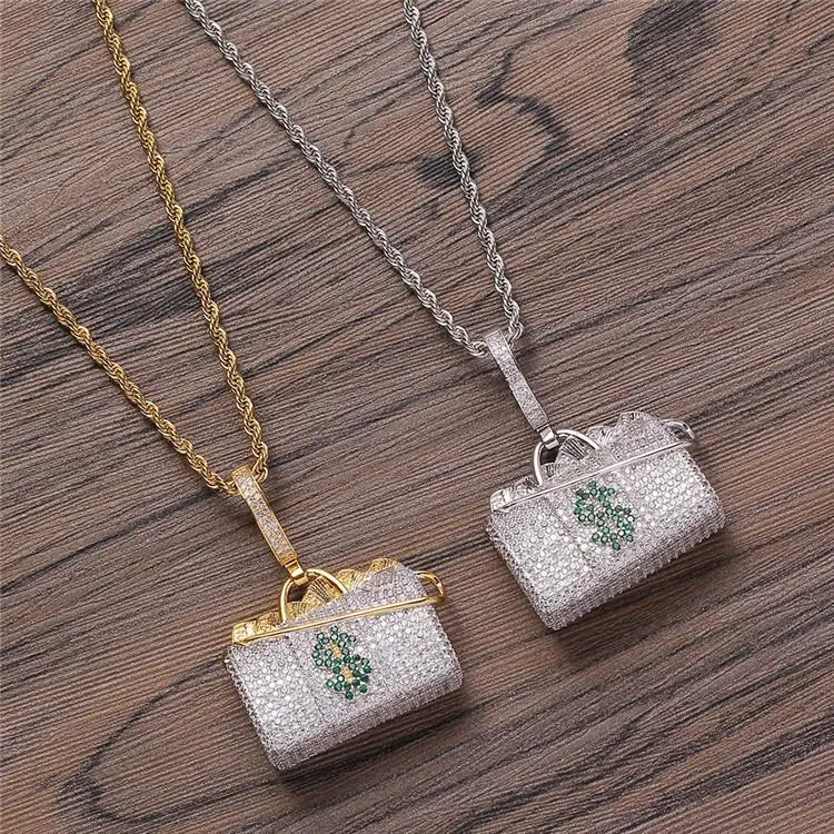 

Hip-hop jewelry small sachet hand bag pendant copper inlaid zircon necklace, Picture shows