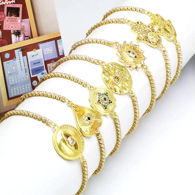 

BC1384 Delicate gold Fatima Hand bracelet,adjustable CZ Hamsa hand Slider Tennis Link bracelet