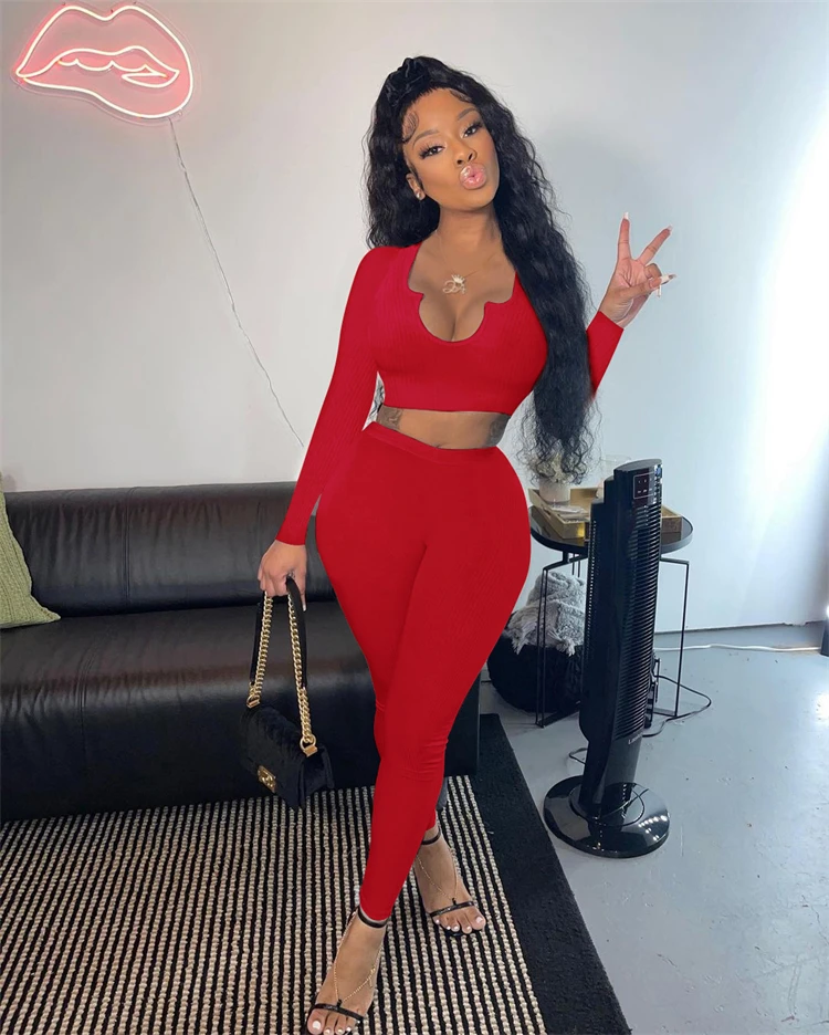 

Hot Selling Solid Color Long Sleeve Rib Crop Top 2 Piece Set Womens Clothing Two Piece Pants Set Women Two Piece Pants Set Women
