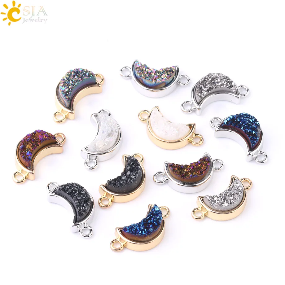 

CSJA cheap natural quartz connector half moon shape double holes druzy beads for jewelry making F688