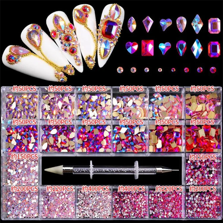 

3100Pcs/Box Mixed AB Glass Crystal Diamond In Grids 21 Shape And SS6-SS12 Flatback Nail Art Rhinestone Set With 1 Pick Up Pen, Customers' requirements