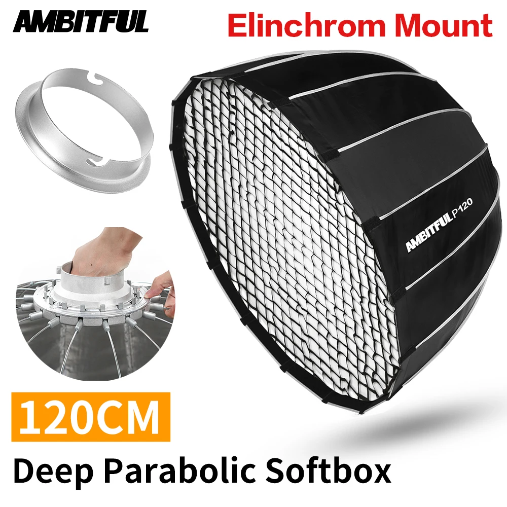

AMBITFUL Portable P120 120CM Quickly Fast Installation Deep Parabolic Softbox + Honeycomb Grid for Elinchrom Mount Flash Softbox, Other