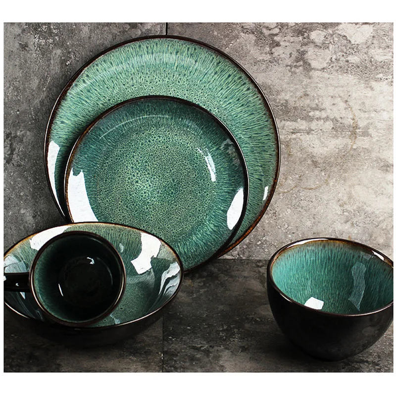 

2021 hot sale green ceramic dinnerware set rustic style dinner set, As picture