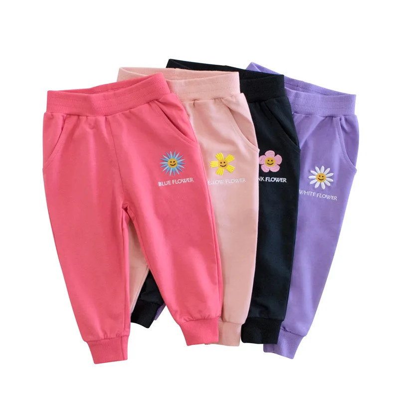 

KYO Girls Solid Sport Pants Children Wear Thin Floral Embroidered Pants Children's Spring And Autumn Sweatpants