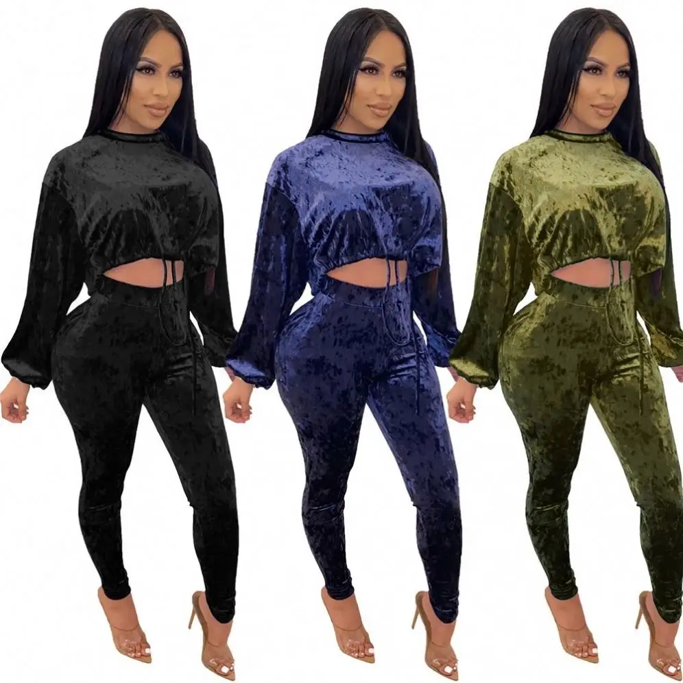 

Free Shipping 2021 Fall new arrivals Long sleeve Outfits Women Two Piece pant Set velvet tracksuit