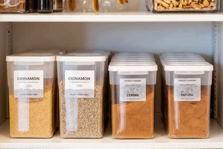 Organized pantry storage system showing bulk cinnamon in labeled airtight containers with oxygen absorbers