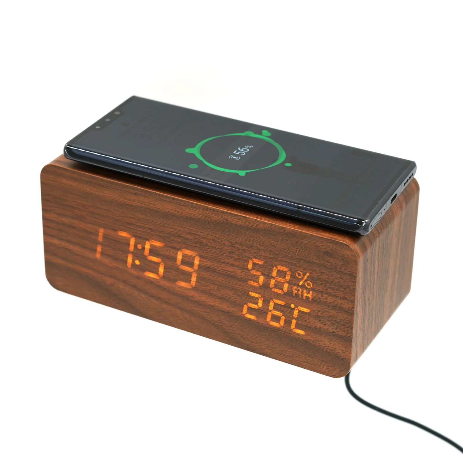 

China Wooden Alarm Clock with Snooze Wireless Charger QI LED Temperature Calendars Date Analog Digital Desk Table Clock