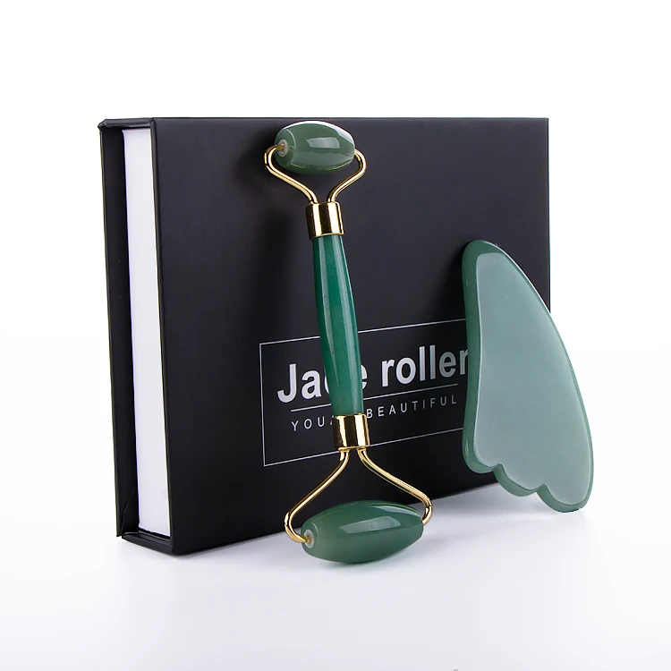 

Hot Selling Green 100% Natural Facial Massage Roller Rose Quartz Face Jade Roller Gua Sha Set with Box, Dark green