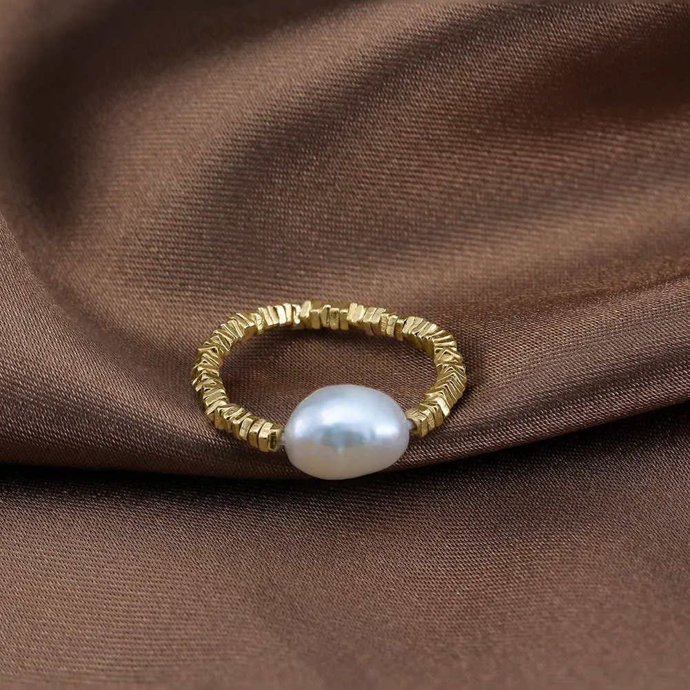 RINNTIN Handmade Broken Silver Finger Rings for Women Fine Jewelry 925 Sterling Silver Natural Baroque Pearl Stretchable Ring