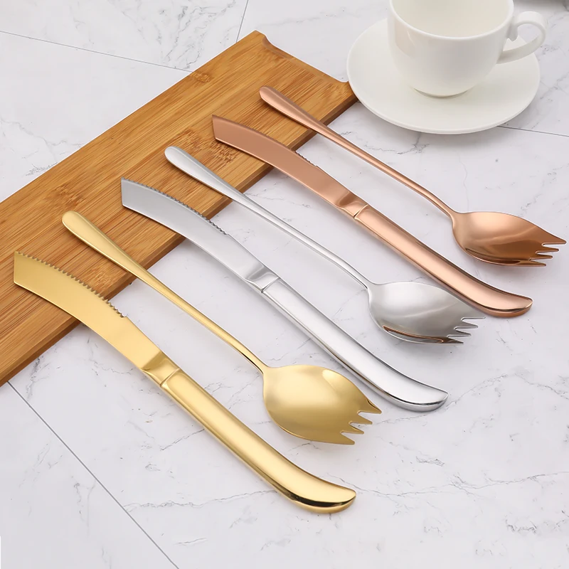 

Amazon Hot Selling 2PCS Stainless Steel Rose Gold Cutlery Salad Spoon Fork Thick Handle Steak Knife Set, Iridescent, black, gold, blue, rose gold, silver, purple