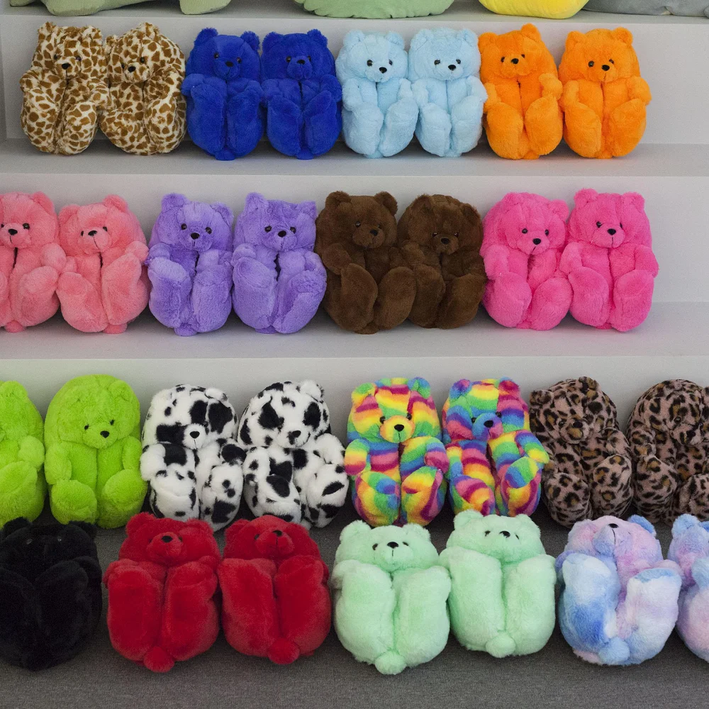 

Fluffy Warm Teddy Bear Plush Animal House Slippers Novelty Animal Shaped Plush Teddy Bear Slippers, As pics