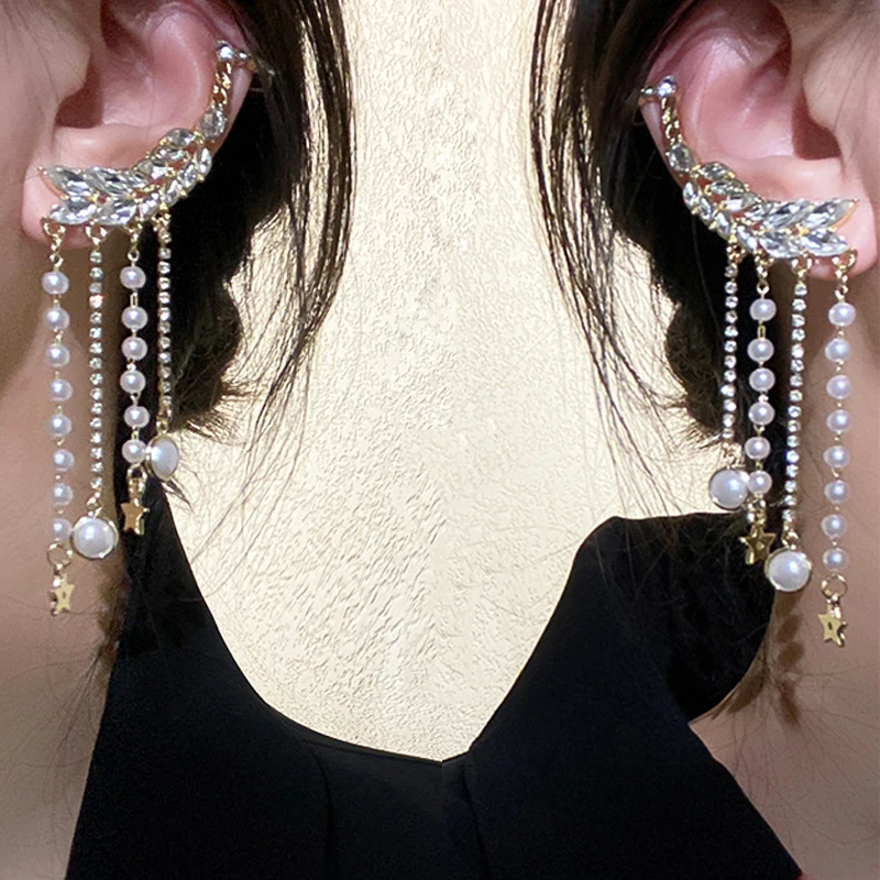 

925 silver needle hypoallergenic diamond pearl tassel earrings statement party cuff earrings, Gold