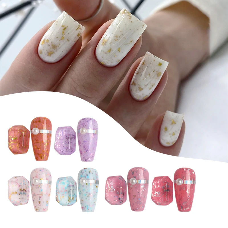 

Custom Logo Stickers New Colours Glitter Flake UV Polish Nail Art Supplies Color Silver Base Coat Gold Foil Flakes Rubber Base