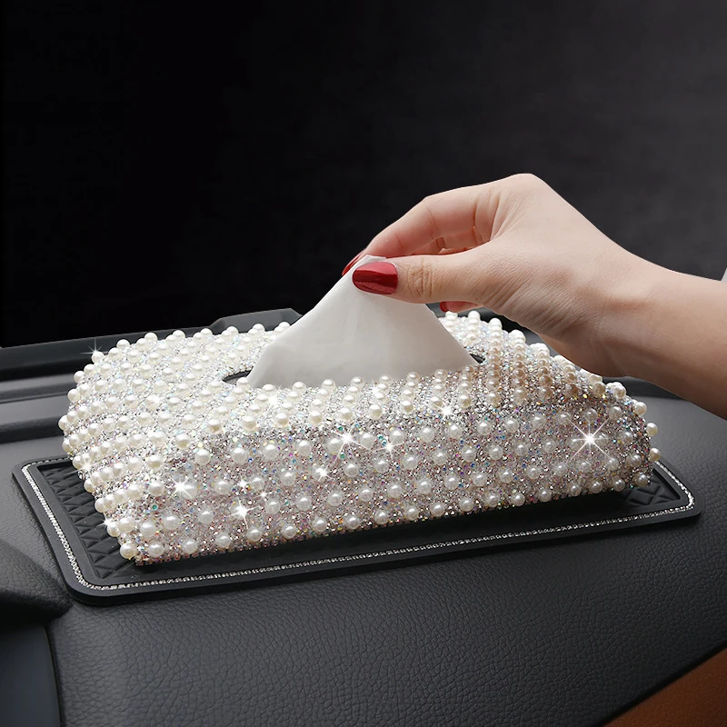 

Luxury Rectangular Decorative Napkin Holder PU Leather Bling Pearl Crystal Tissue Box Cover for Car Decoration, White,red