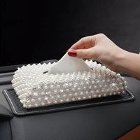 

Luxury Rectangular Decorative Napkin Holder PU Leather Bling Pearl Crystal Tissue Box Cover for Car Decoration