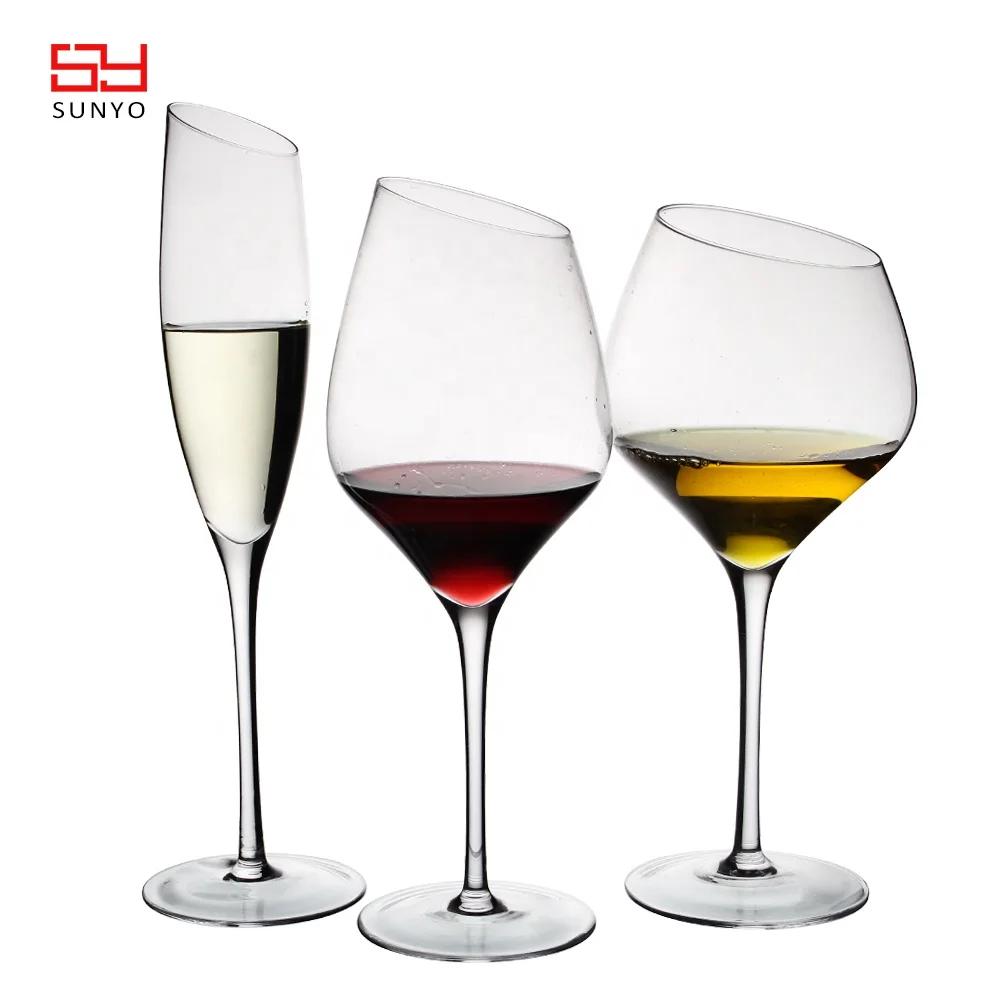 

Modern Hand Blown Slant Rim Crystal Wine Glass, Clear or customized