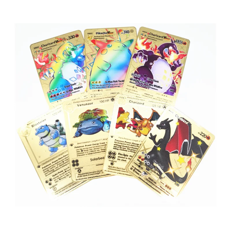 

2021 Charizard,Blastoise,Venusaur Gold Metal Pokemon Cards 1st First Edition New Trading Playing Cards Game, Shown