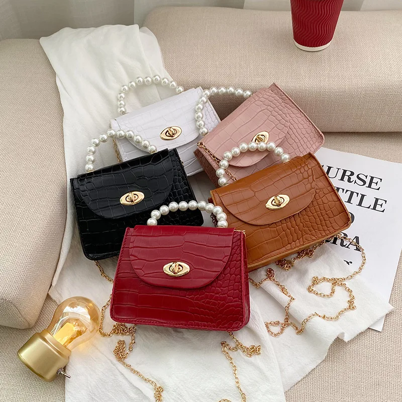 

New trendy texture pearl handbag niche design one-shoulder diagonal bag, White, red, black, pink, brown