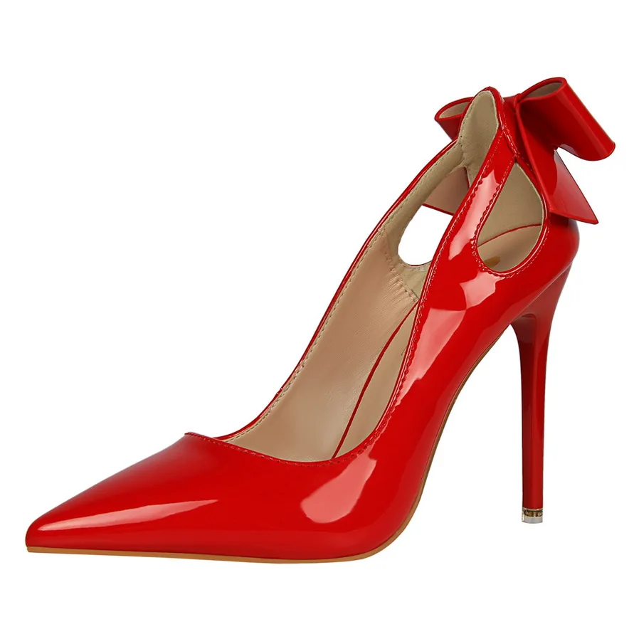 
3168-8 Korean version sexy high-heeled shoes thin with a shallow mouth pointed patent leather hollow after the bow single 