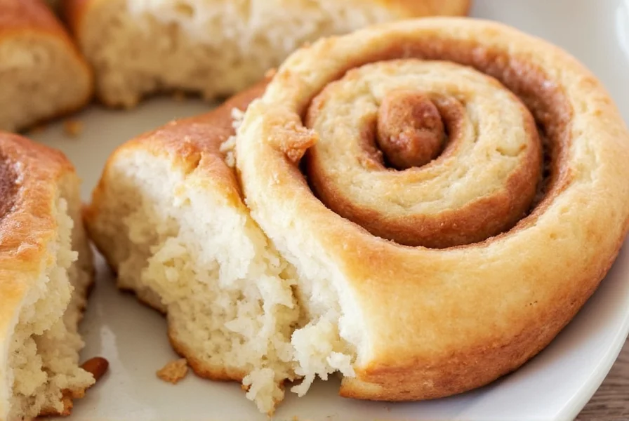 Perfectly baked cinnamon rolls with golden brown exterior and visible spiral filling on white ceramic plate