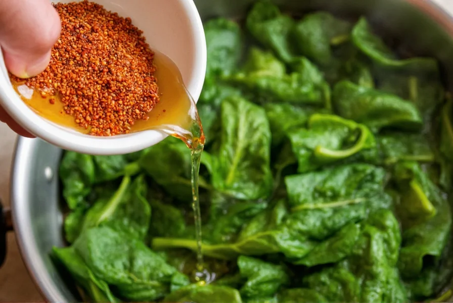 Close-up of red pepper flakes and apple cider vinegar being poured into a pot of simmering collard greens