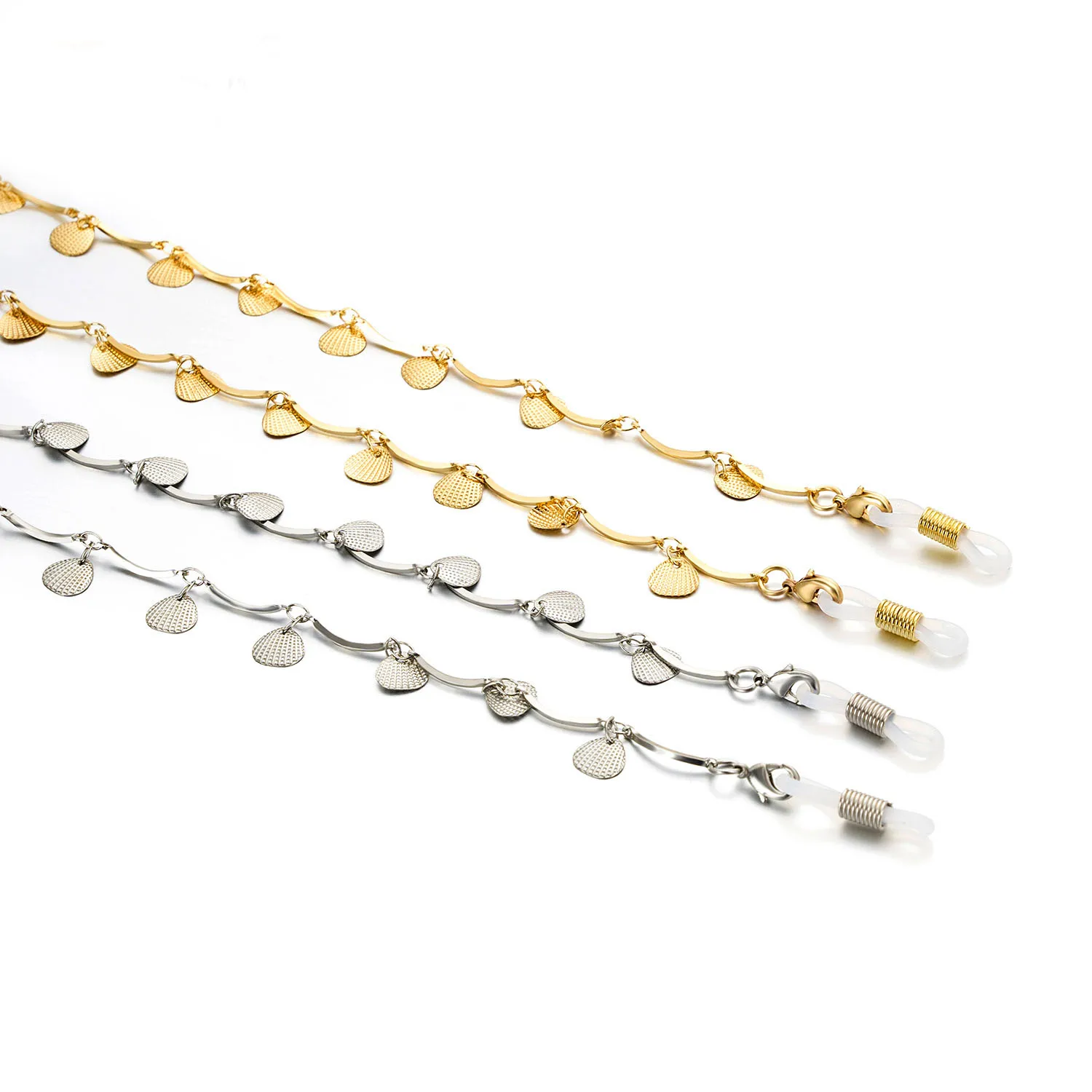 

Wholesale Metal Copper Alloy Shell Shape Eyeglasses Jewelry Silver Reading Glasses Chain Eyewear Accessory Sunglasses Rope, Silver,gold