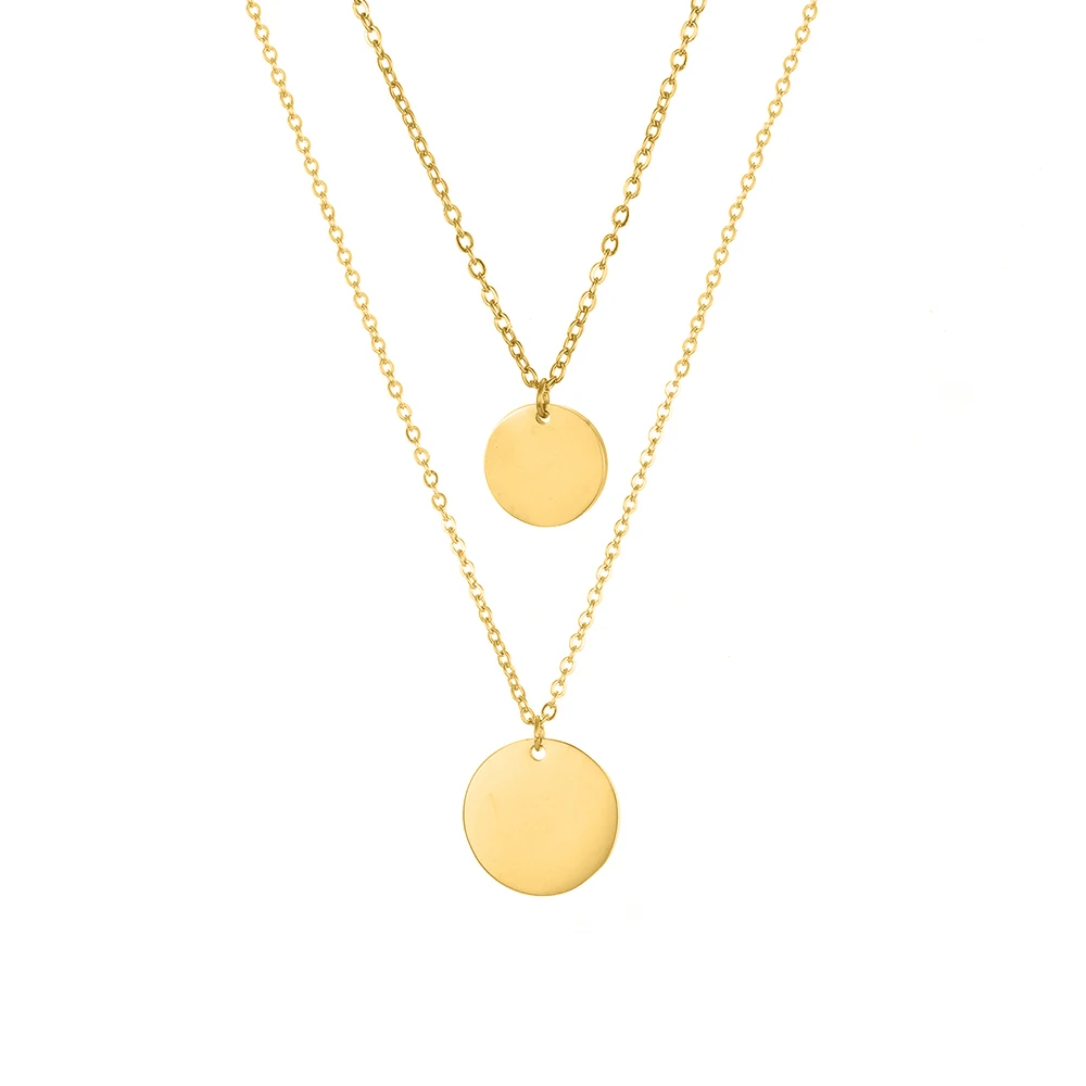 

Fashion Layered Disc Pendant Necklace Circle Round Blanks Coin Stainless Steel Double Chain Gold Necklace, Silver/gold/rose gold