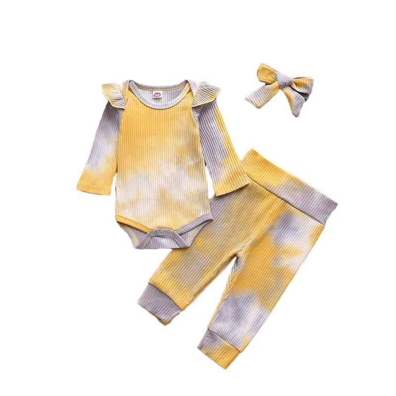 

Infant solid color long sleeve ribbed cotton flying sleeve romper and pants two piece set