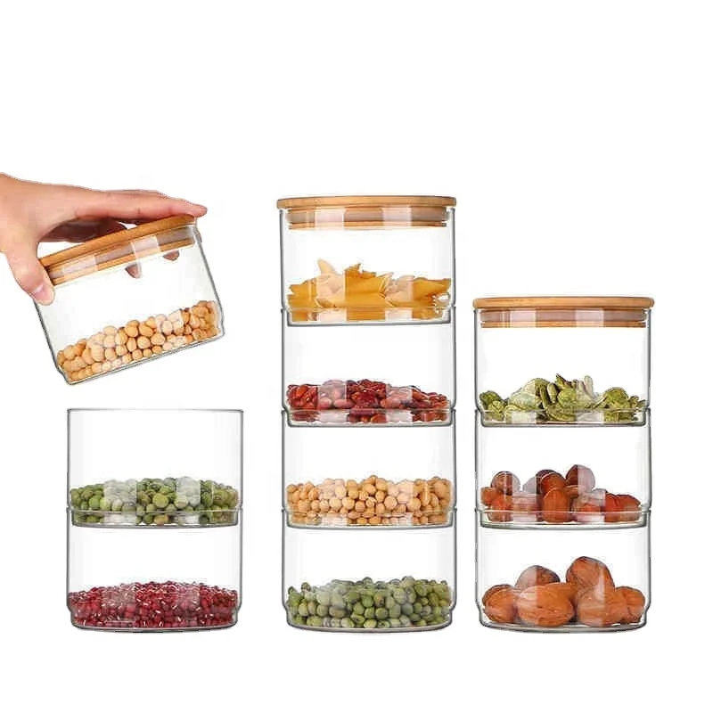 

kitchen stackable canisters set glass storage jar with wooden lid small glass spice jars set sugar coffee tea canister set, Clear
