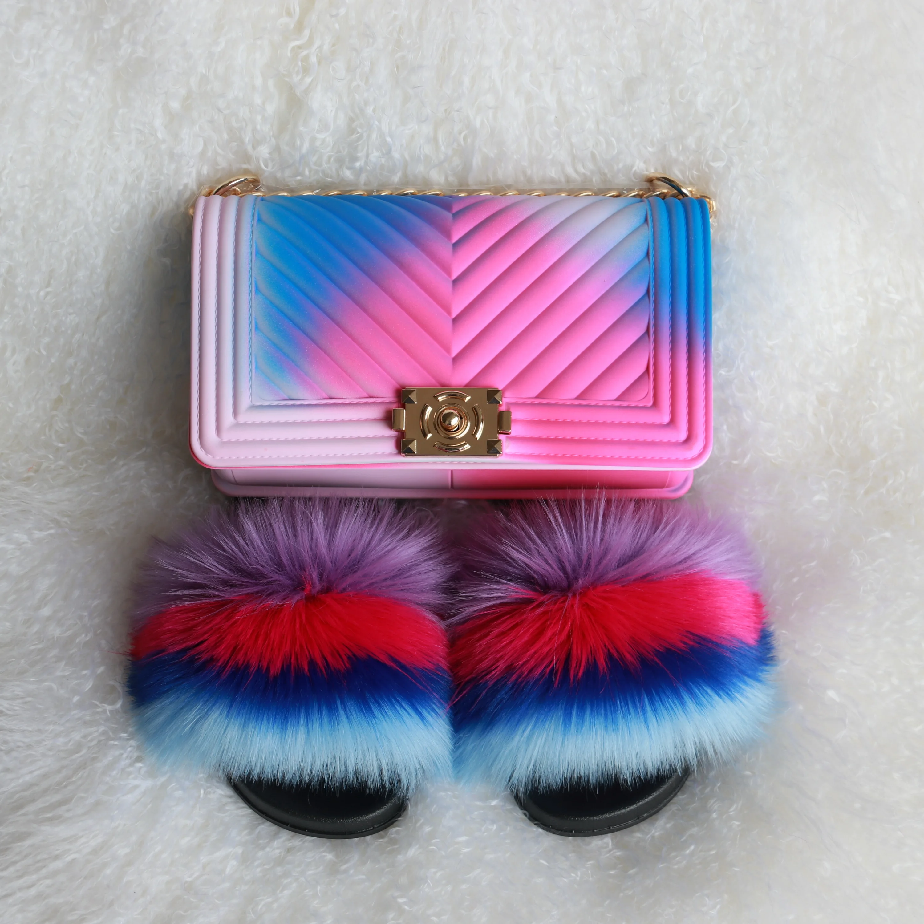 

rainbow colorful fur slides and jelly purse set