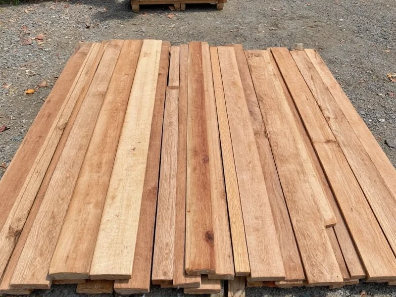 Reclaimed cedar planks sorted for DIY outdoor couch construction